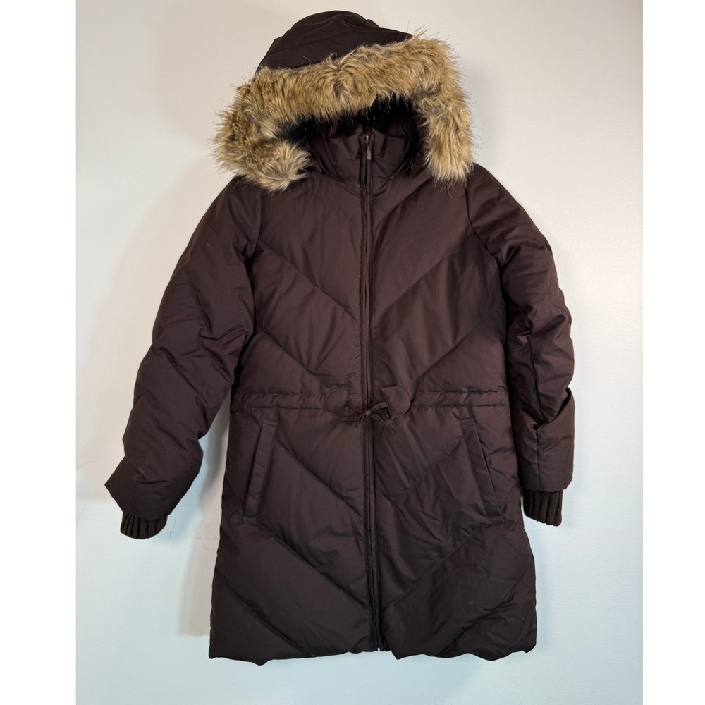 Lands' End Parka Down Insulated Girls M 10-12 Puffer Brown Faux Fur Hood EUC